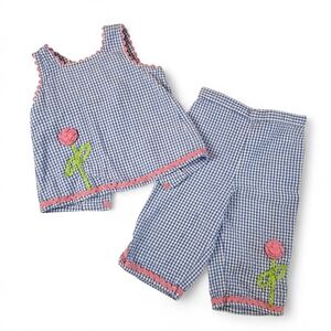 Y2K Gingham Tank/Capri Pant  Set Floral Applique Blue White Seersucker Girl 4T